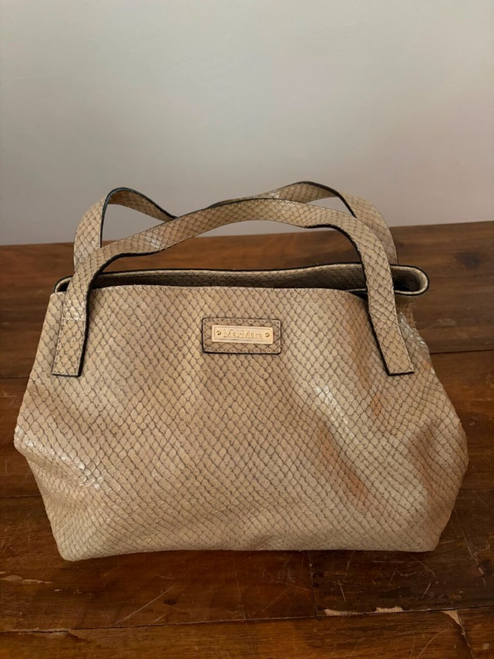 Max Mara Taupe Snake-Embossed Leather Tote Bag